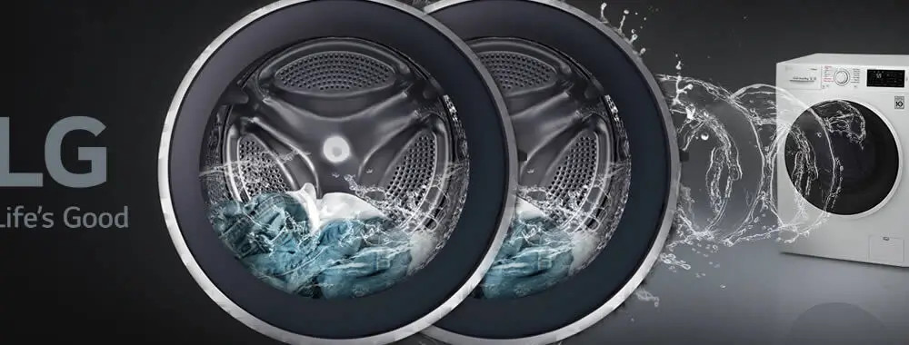 Lavatrice LG con oblò circolari, acqua e schiuma che esplodono, sfondo scuro con logo LG.
