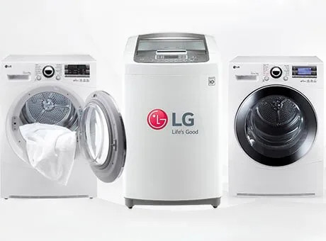 Modelli di lavatrici LG e asciugatrice LG su sfondo chiaro, con oblò e pannelli di controllo visibili.