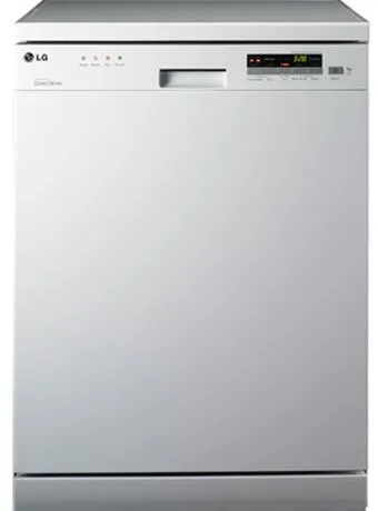 Lavastoviglie LG bianca con pannello comandi e display luminoso, vista frontale su sfondo neutro.