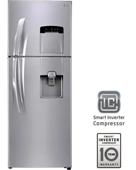 Frigorifero LG argento con dispenser frontale e logo Smart Inverter Compressor con garanzia annuale.
