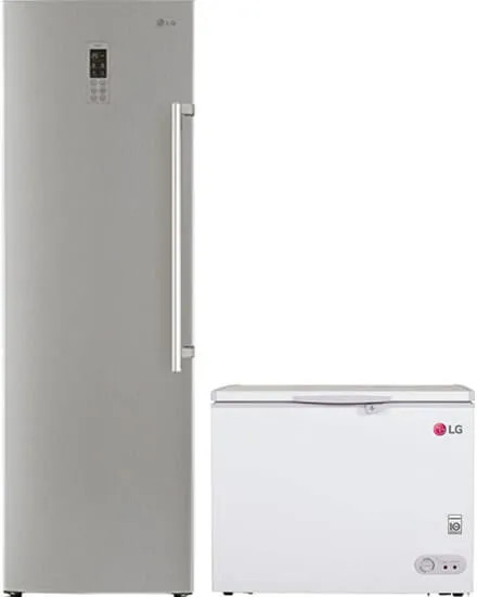 Frigorifero LG grigio e congelatore bianco affiancati, con maniglie e pannello comandi visibili.