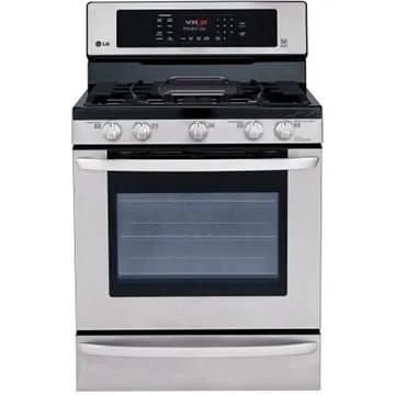 Cucina elettrica LG con forno e pannello comandi superiore, vista frontale su sfondo bianco.