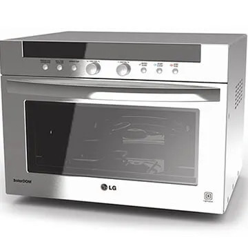 Forno a microonde LG da banco grigio e bianco con pannello comandi e sportello trasparente.