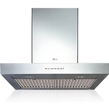 Cappa aspirante LG da cucina in acciaio inox con pannello frontale e griglia di ventilazione.